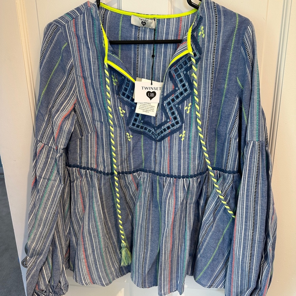 Twin-Set Blue Tie Front Peplum Blouse